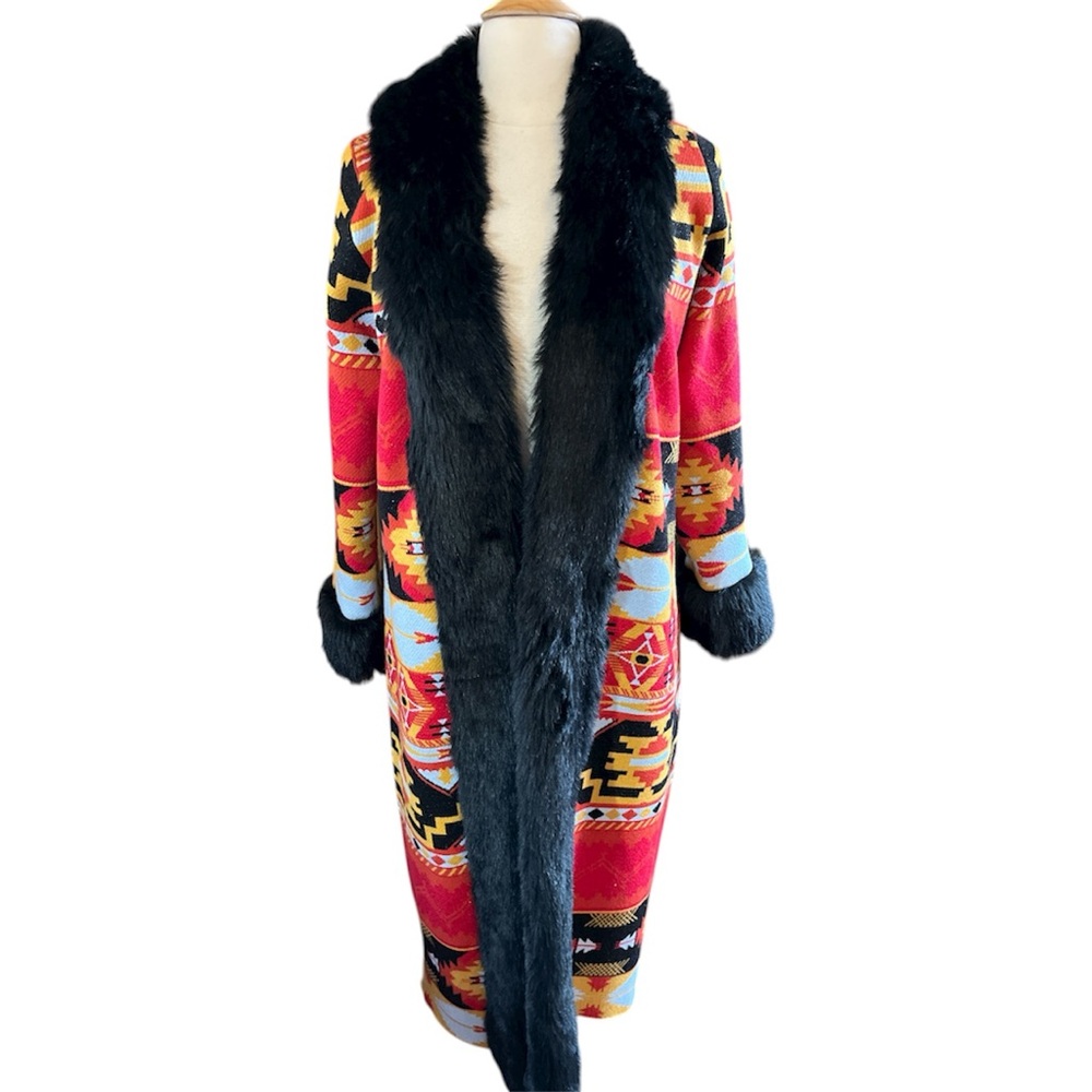Midnight Velvet Boho Multicolor Penny Lane style Cardigan Coat Black Faux Fur M - Picture 6 of 17